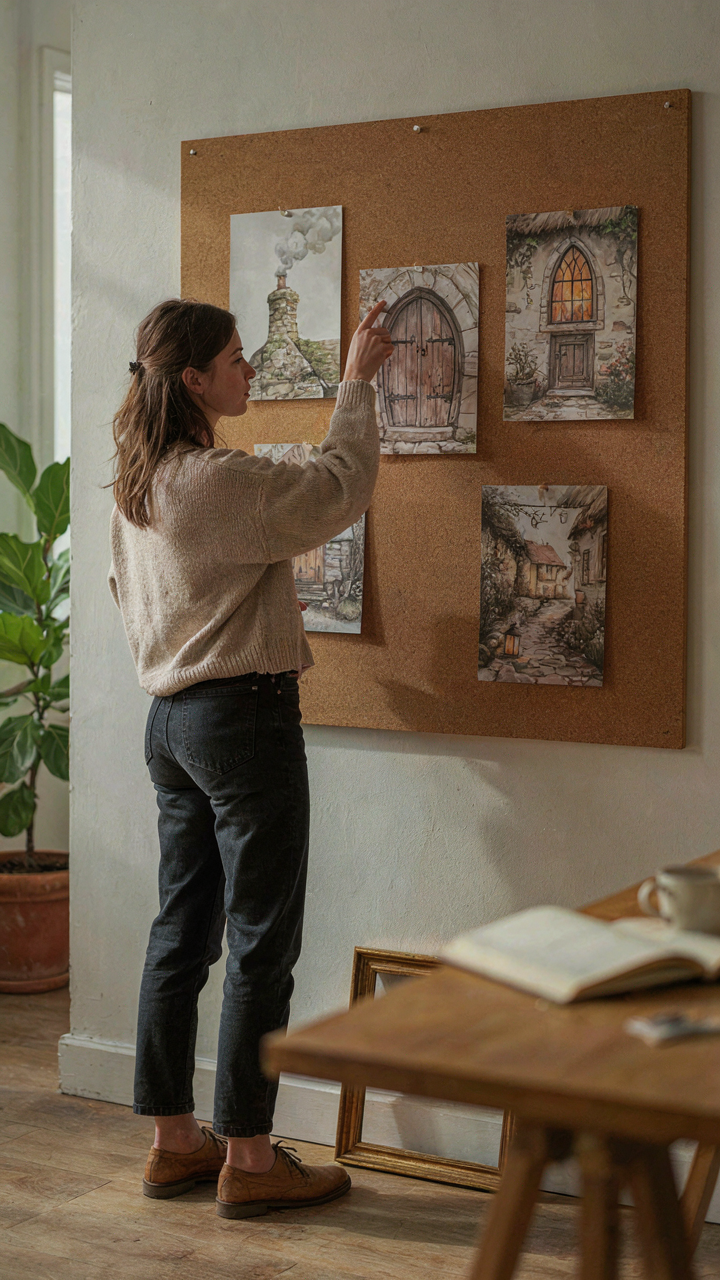 A person points at one specific detail on a mood board filled with cottage images.
