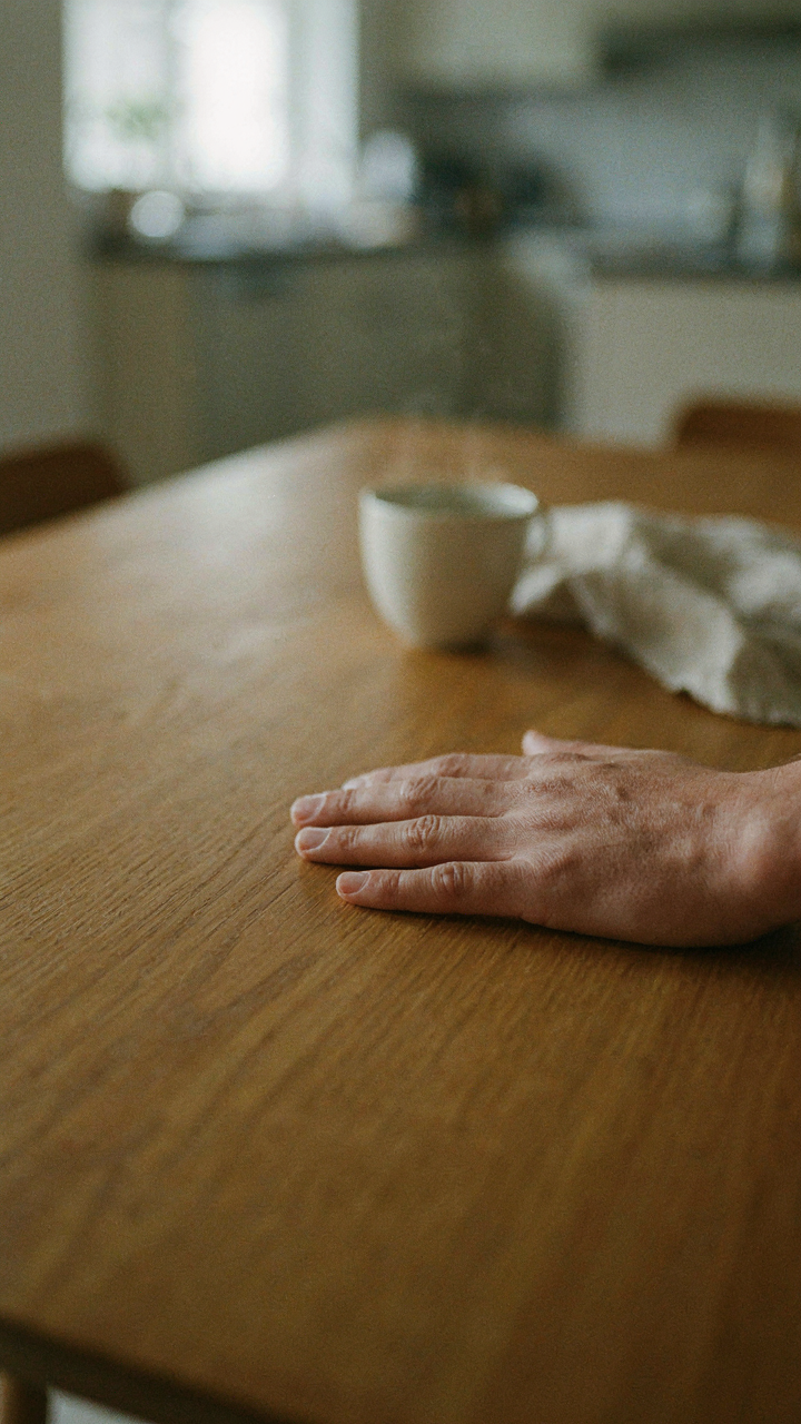 A hand gently touches the smooth, warm surface of a wooden table.