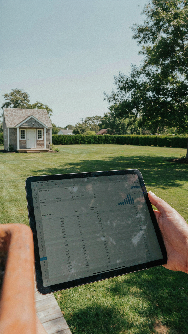 Hand holding a tablet with income projections over a backyard space.