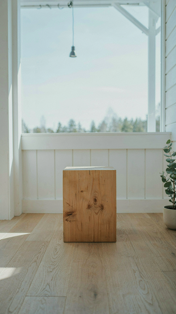 A single solid block of raw light pine wood on a porch floor.