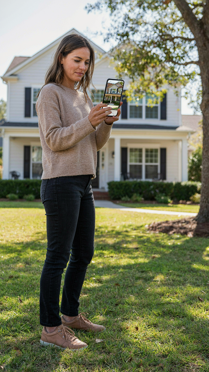 A person looks at a phone with three inspiring ranch house addition photos.