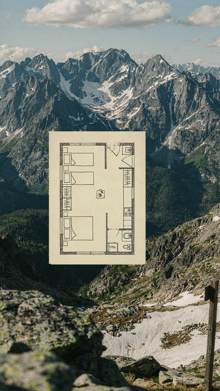 A sketch of a functional cabin layout over a rugged mountain scene.