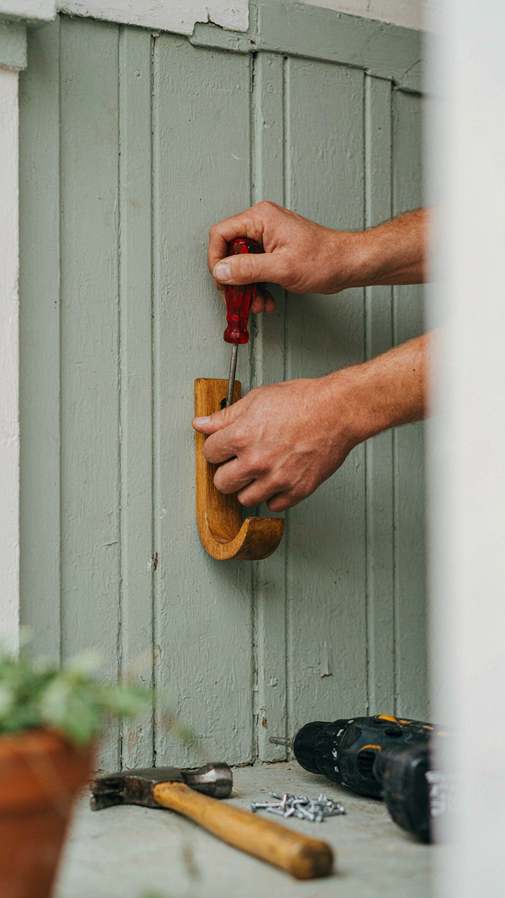 Hands installing a wooden hook on a cottage porch wall, symbolizing progress.