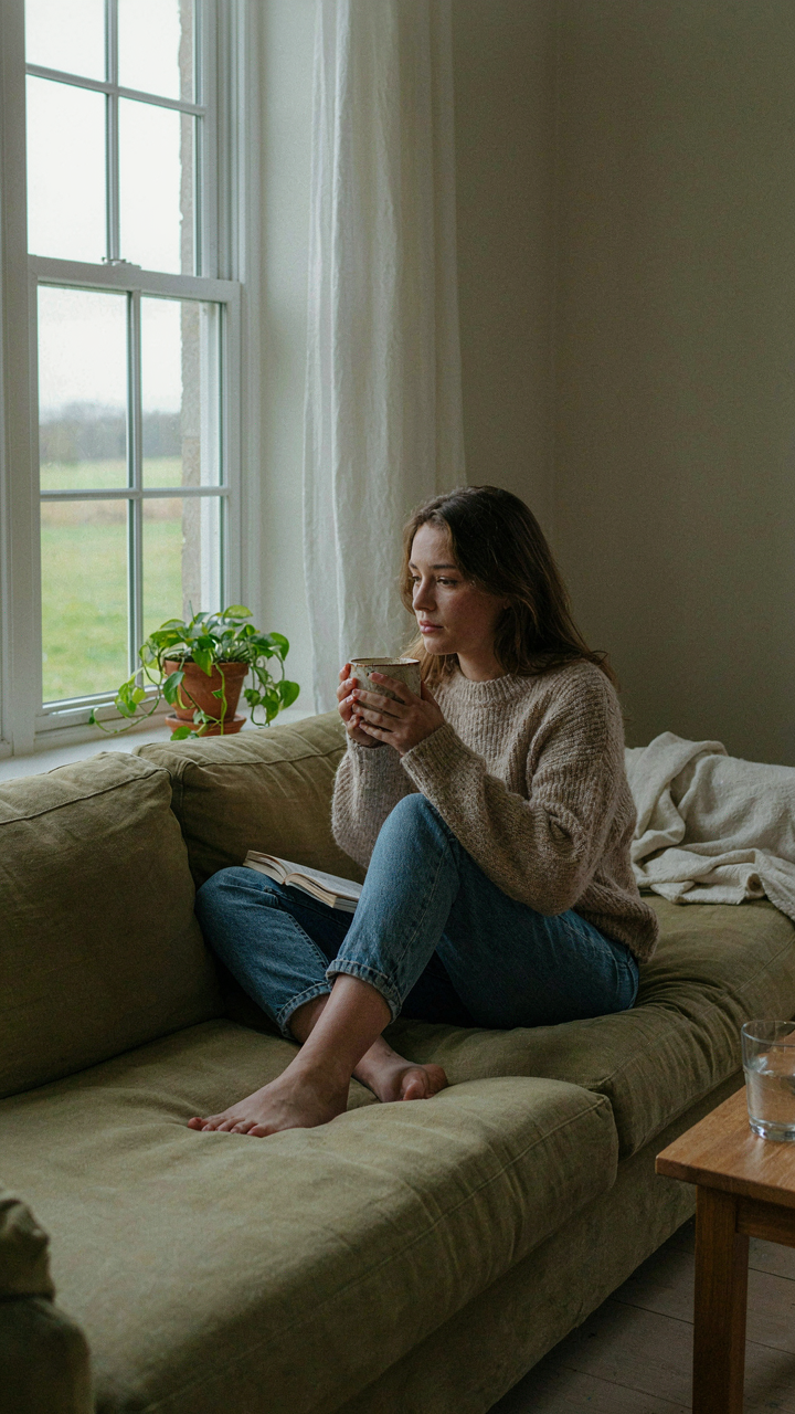 A person on a comfortable couch, holding a mug, looking out a window.