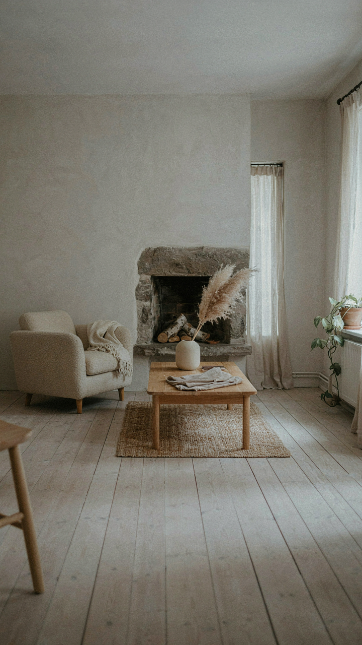 A minimalist scandinavian cottage living room with a simple fireplace.