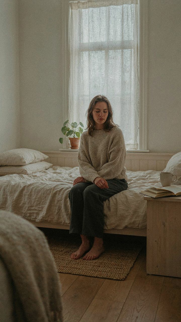 A person sits on a bed, eyes closed, quietly reflecting on personal comfort.