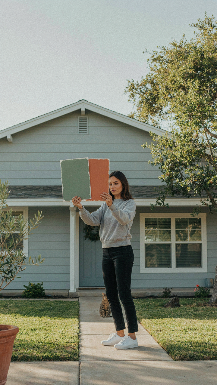 A person holds two paint swatches against a ranch house exterior to decide.