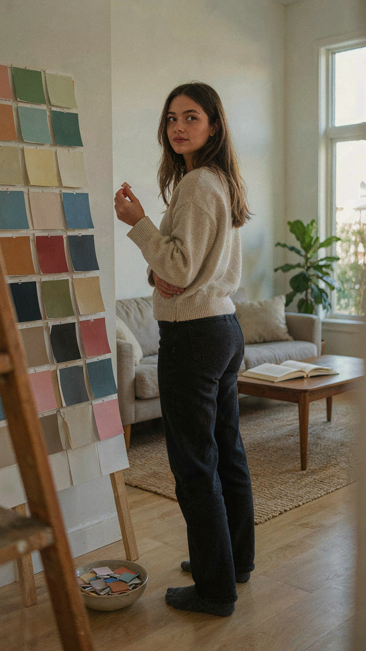 A person looking at paint swatches in front of their home.