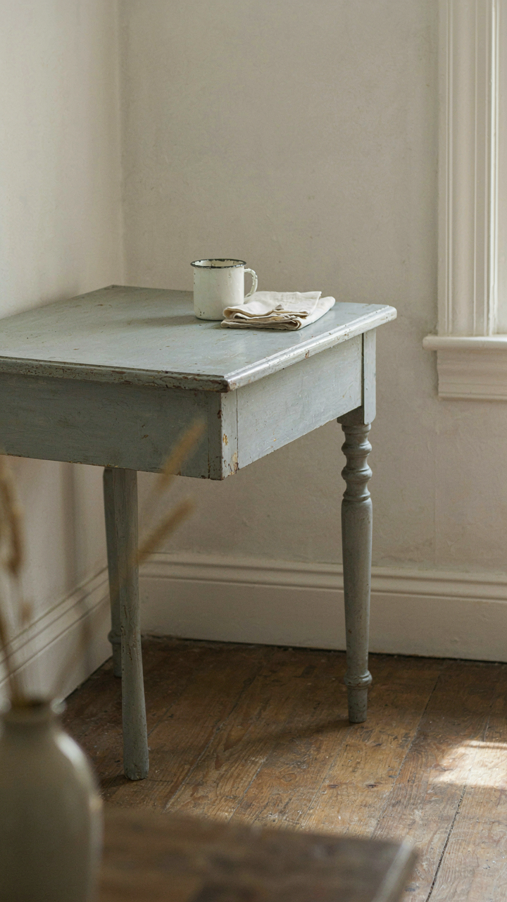 An antique wooden side table with peeling paint in a kitchen.
