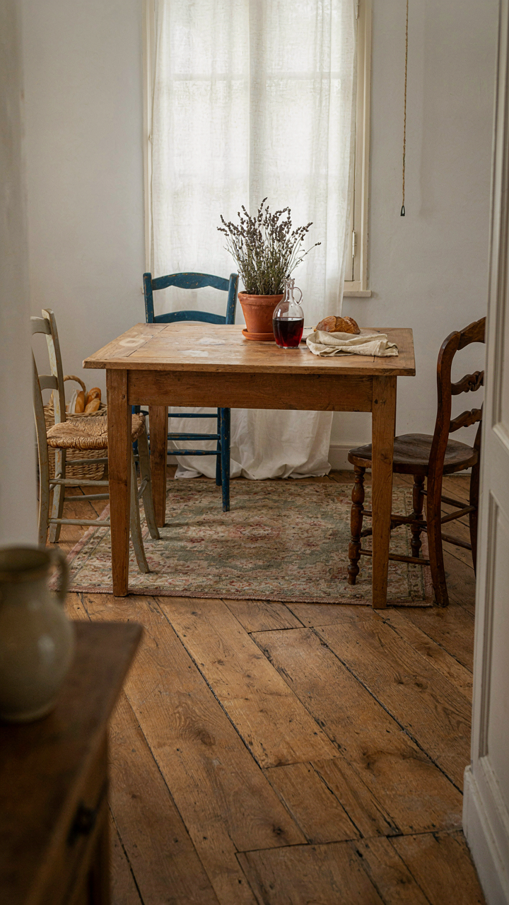 A French country living room with mismatched wooden chairs and visible imperfections.