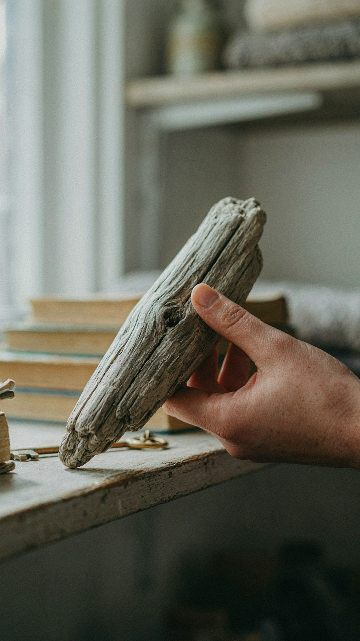A hand holds a unique piece of sea-weathered wood from a thrift store.