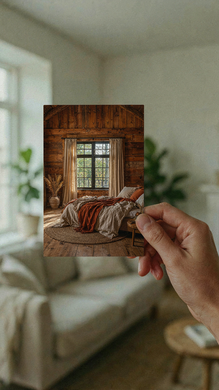 A hand holds an inspiring image of a barn house bedroom design.