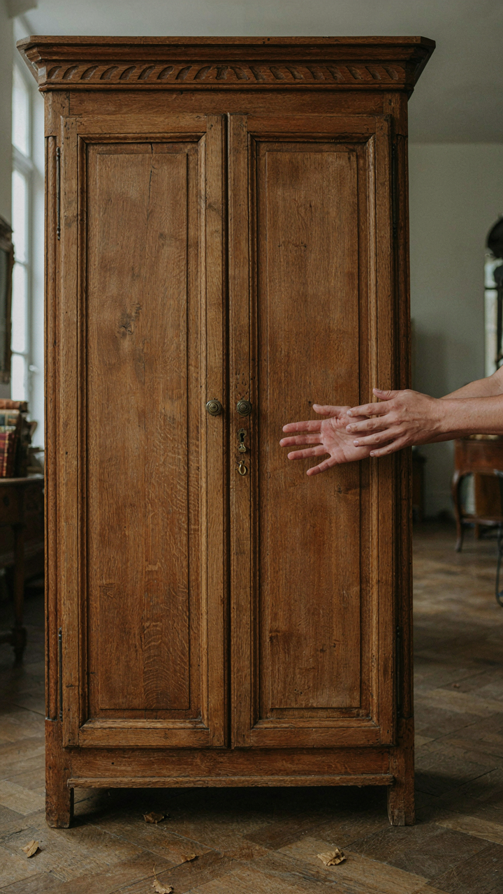 A hand touches the smooth, aged wood of a French country armoire.