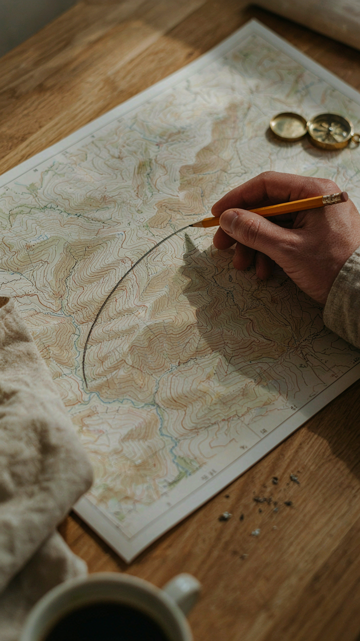 A hand drawing a line on a topographical map with a pencil.