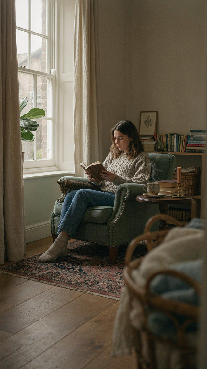 A person sits comfortably in an armchair by a window, reading a book.