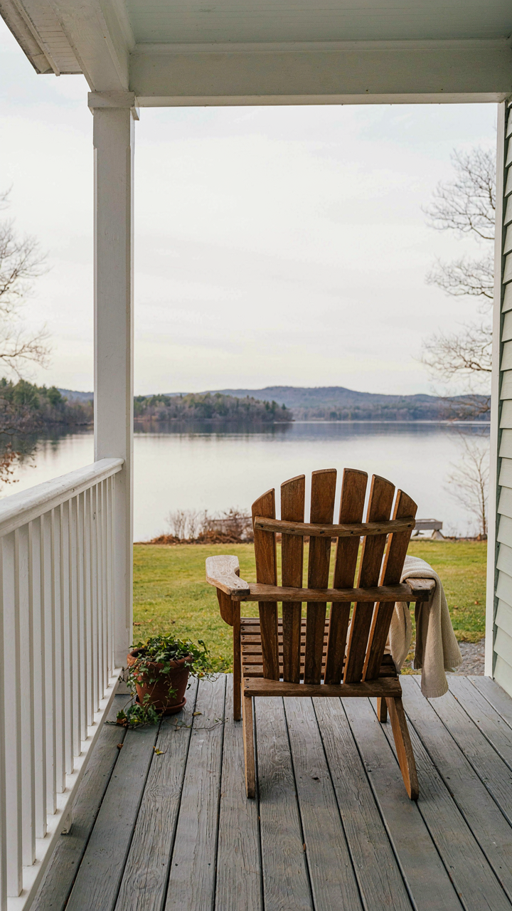 A tranquil cottage porch with one Adirondack chair facing a peaceful view.