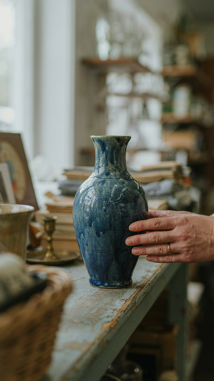A hand reaches for a unique vintage ceramic vase in a thrift store.