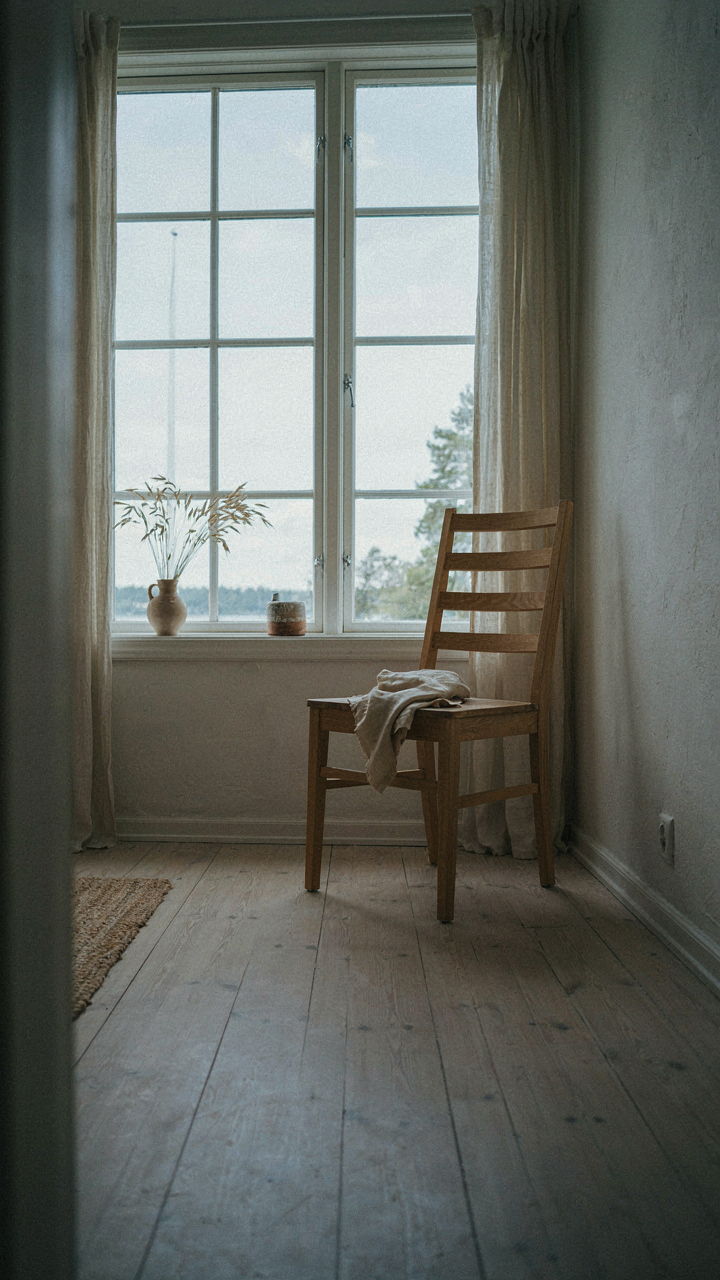 An almost empty swedish summer house room with one chair and abundant light.