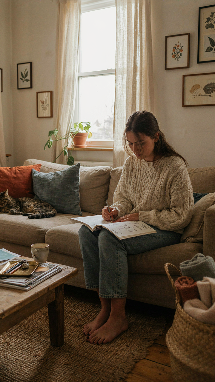 A person on a couch sketches design ideas for their living room, tailored to their life.