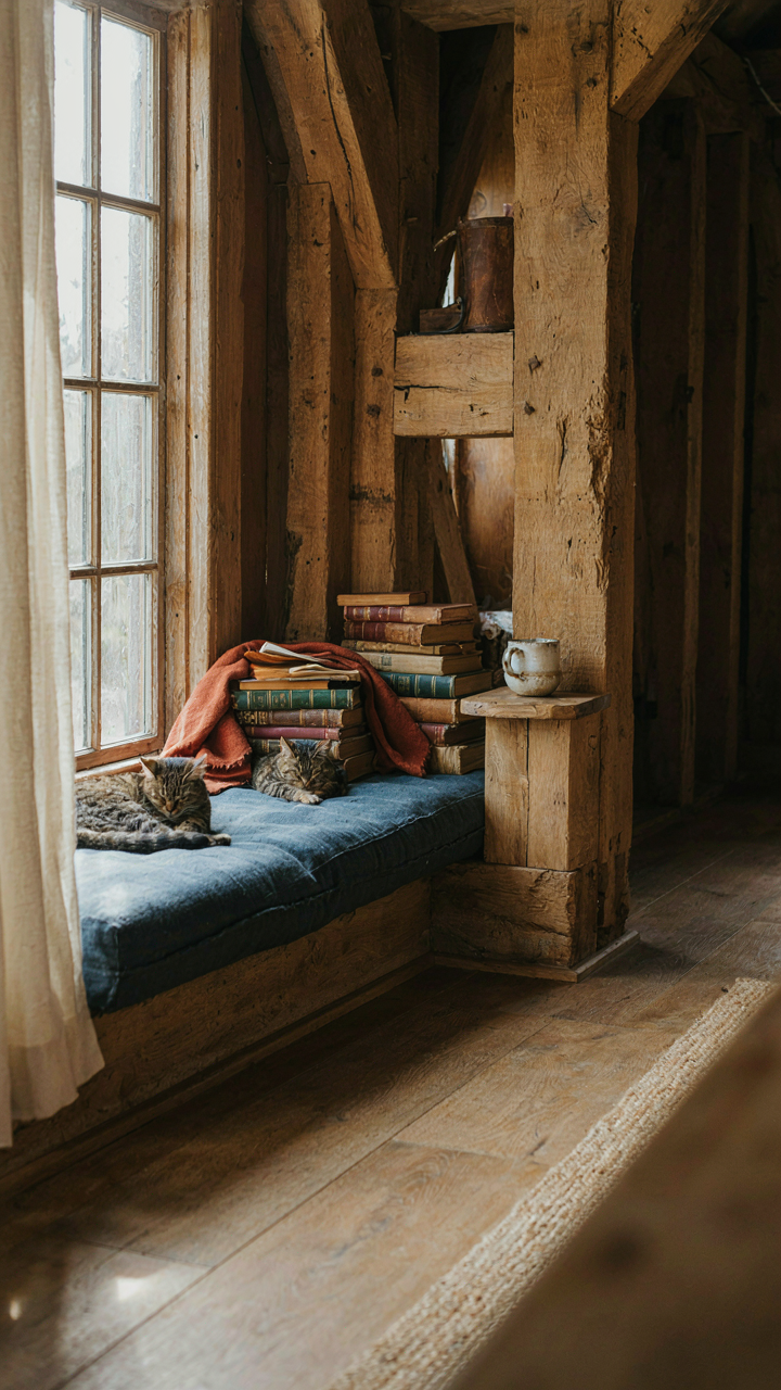A unique, custom reading nook is built into a converted barn's timber frame.