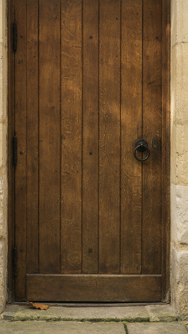 A well-crafted, solid wood door with simple iron hardware.