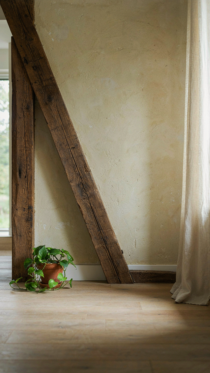 A reclaimed heavy dark oak beam leans against a textured lime plaster wall.