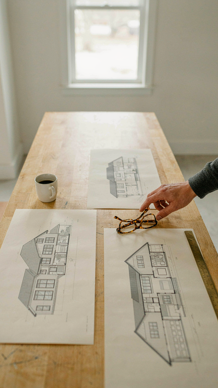 Three different barn style home plans laid out on a table for review.