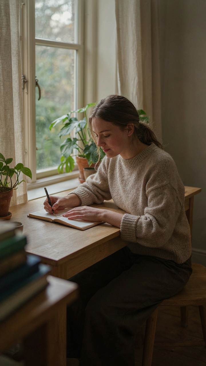 A person writes thoughtfully in a journal at a desk.