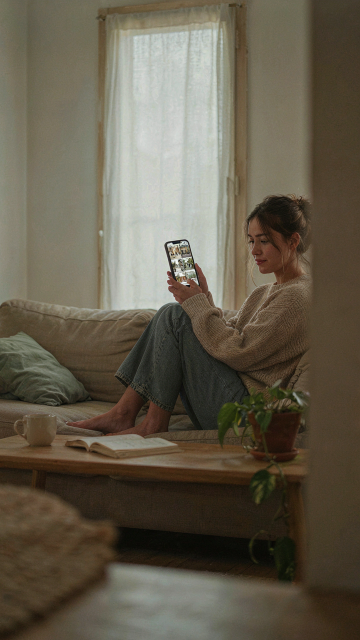 A person scrolls through chateau house plans on a phone in a small room.