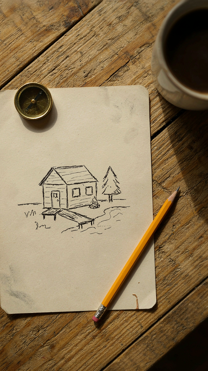 A hand-drawn sketch of a fishing cabin layout with water access and fire pit.