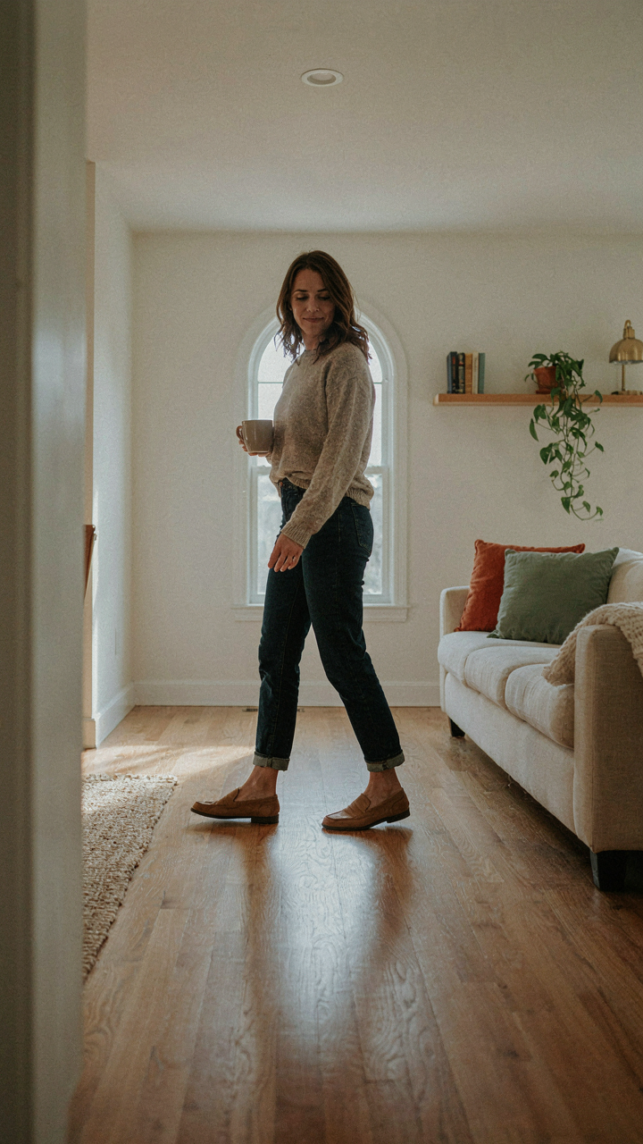 A person walks confidently through a ranch house, enjoying the layout.