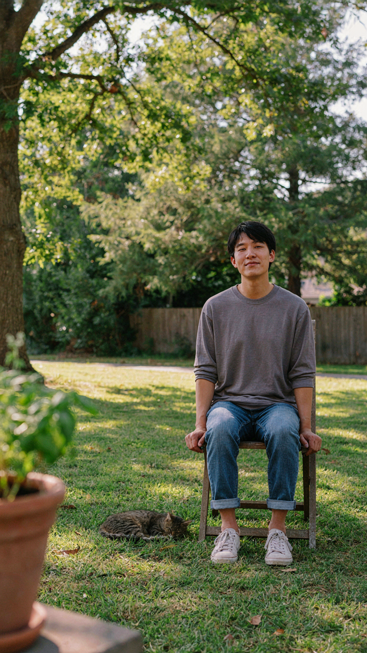 A person sits calmly on an outdoor chair in a sunny, green backyard.