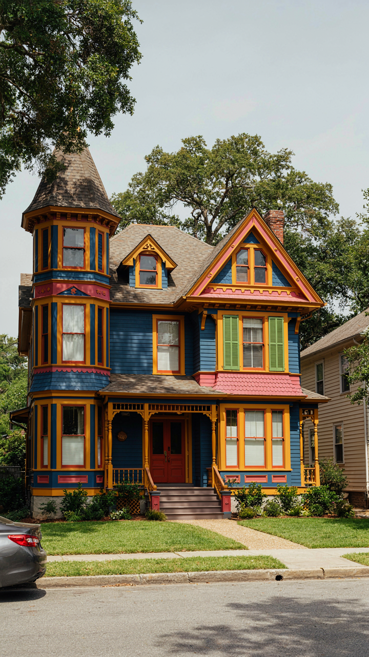 A vibrant and asymmetric queen anne victorian house stands out on a street.