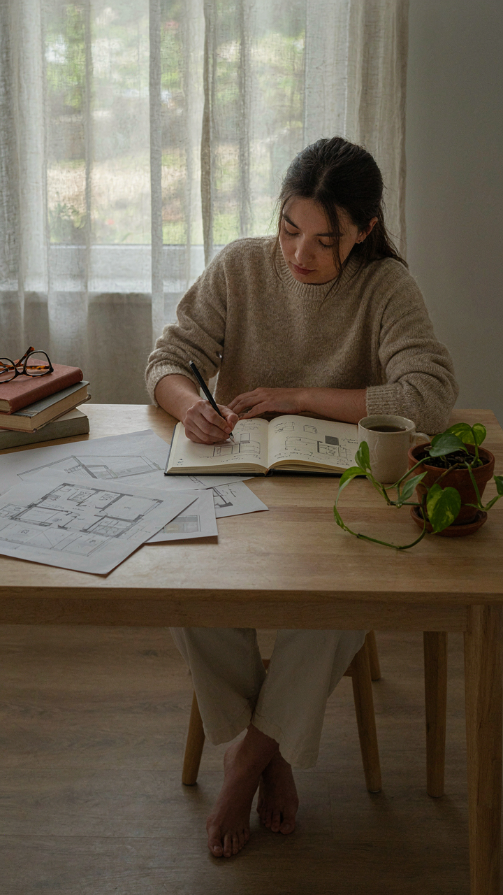 Person writing in a journal at a desk surrounded by architectural sketches.