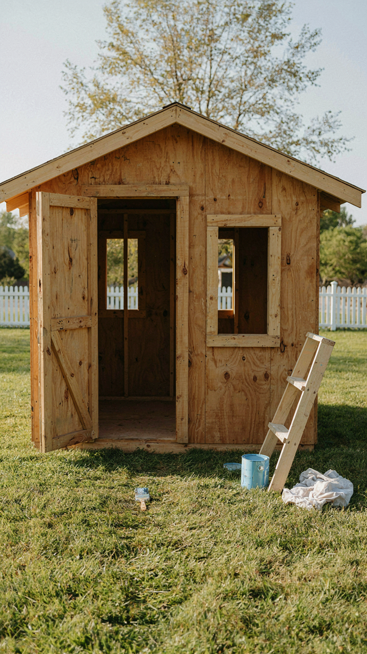 An unpainted she shed with a paintbrush on the ground.