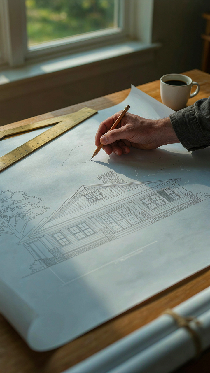 An architect's hand sketching a detailed ranch house porch design on a blueprint.
