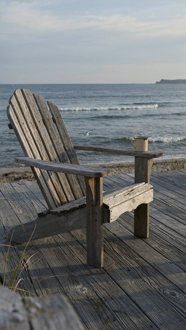 An old, weathered wooden Adirondack chair on a coastal porch, facing the ocean.