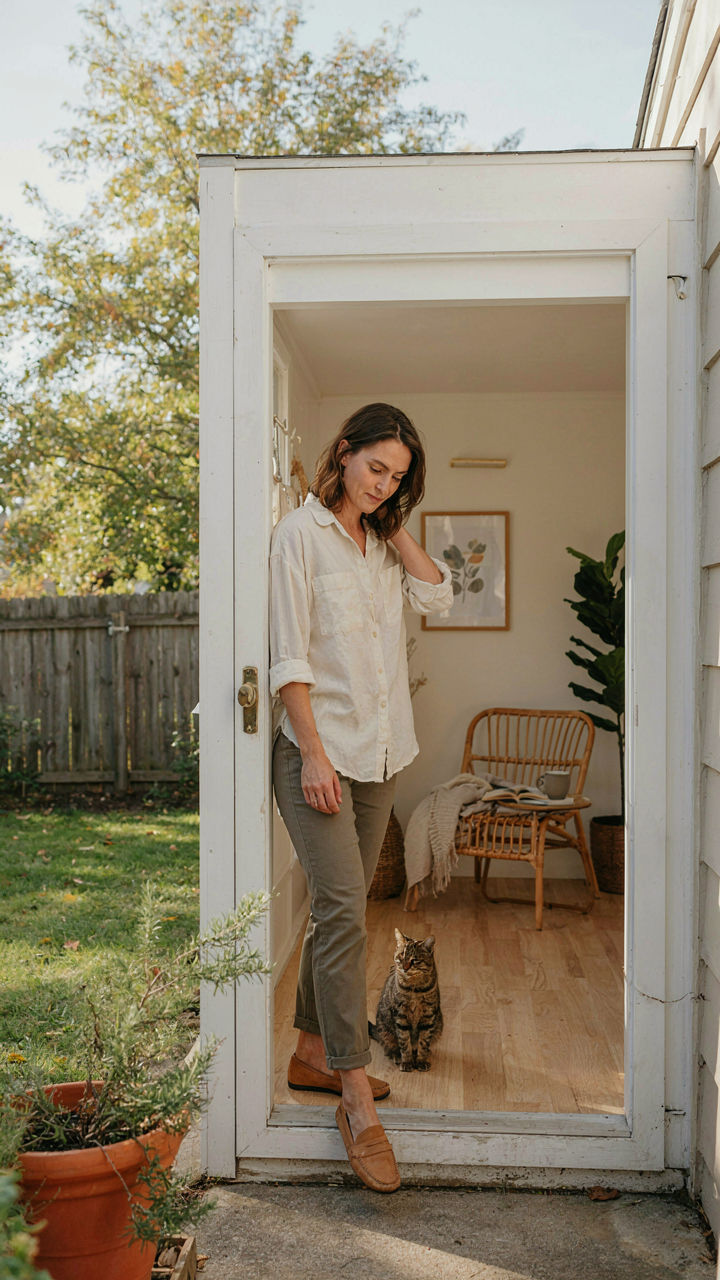 A woman confidently steps into her newly finished she shed, claiming her space.