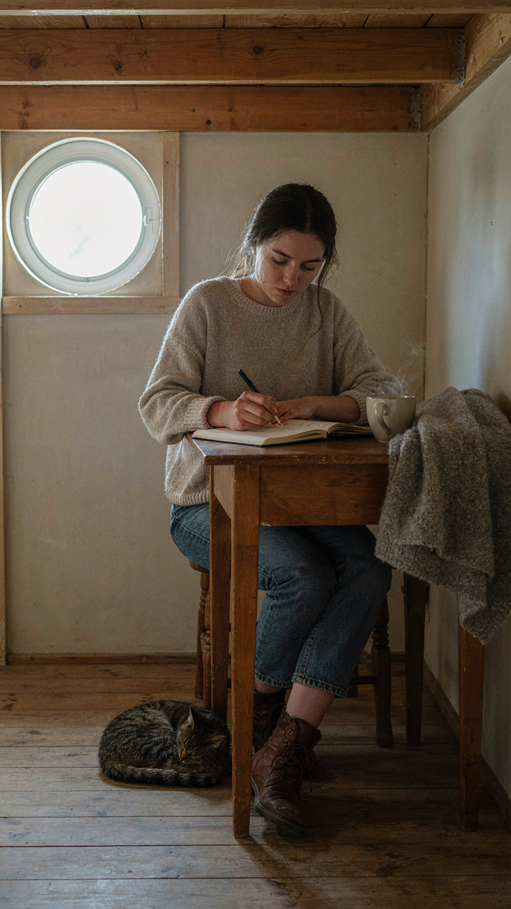 A person writing in a journal at a small, functional desk in a tiny cabin loft.