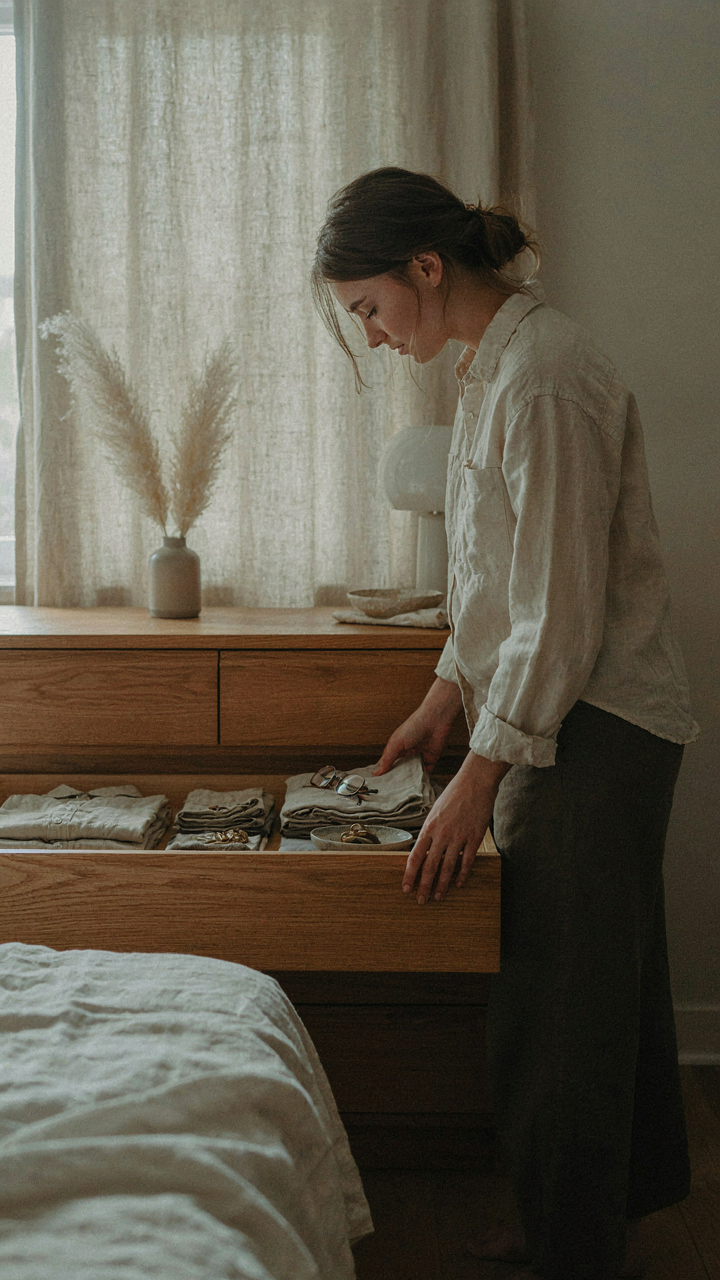 A person carefully chooses an item from a neatly organized drawer.