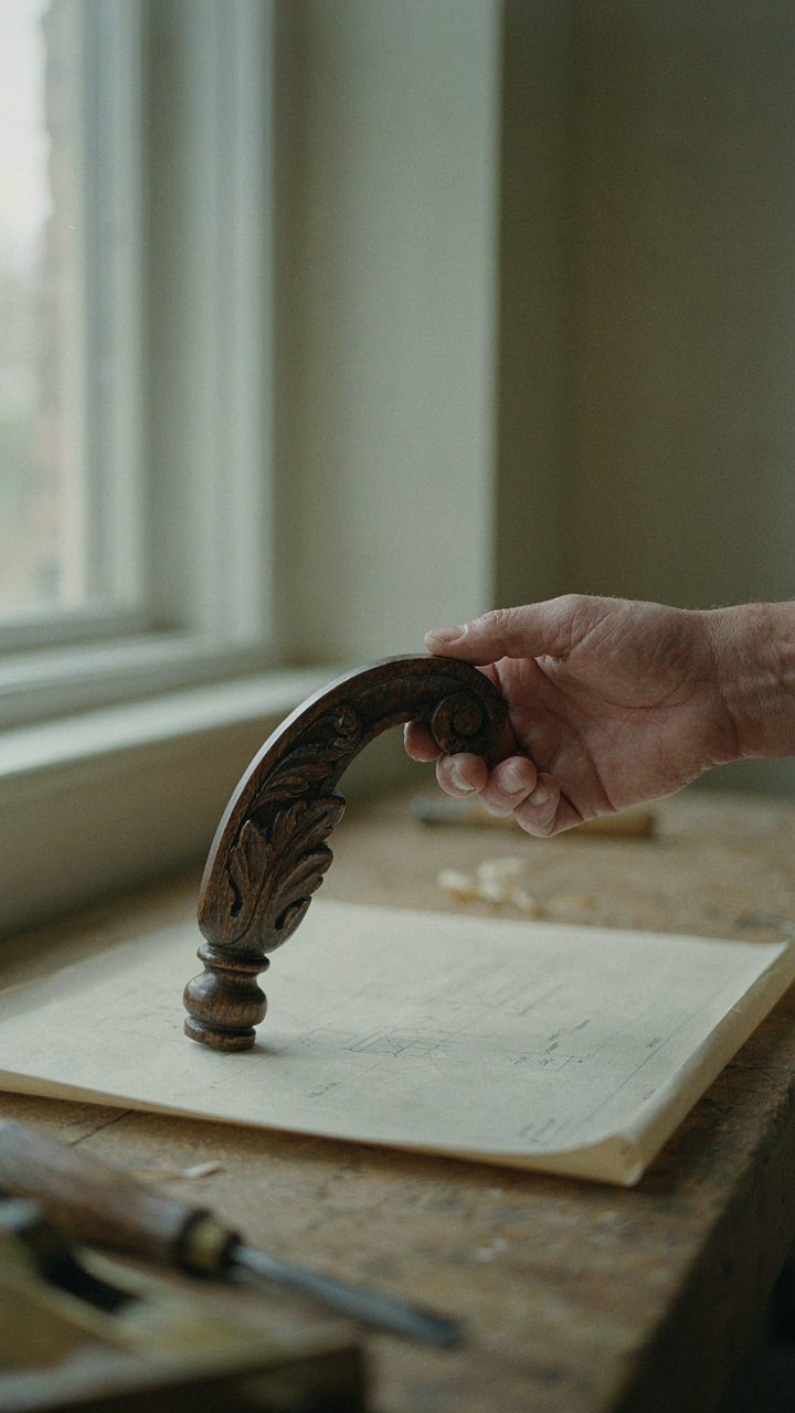 An intricately carved wooden bracket for a victorian porch on a table.