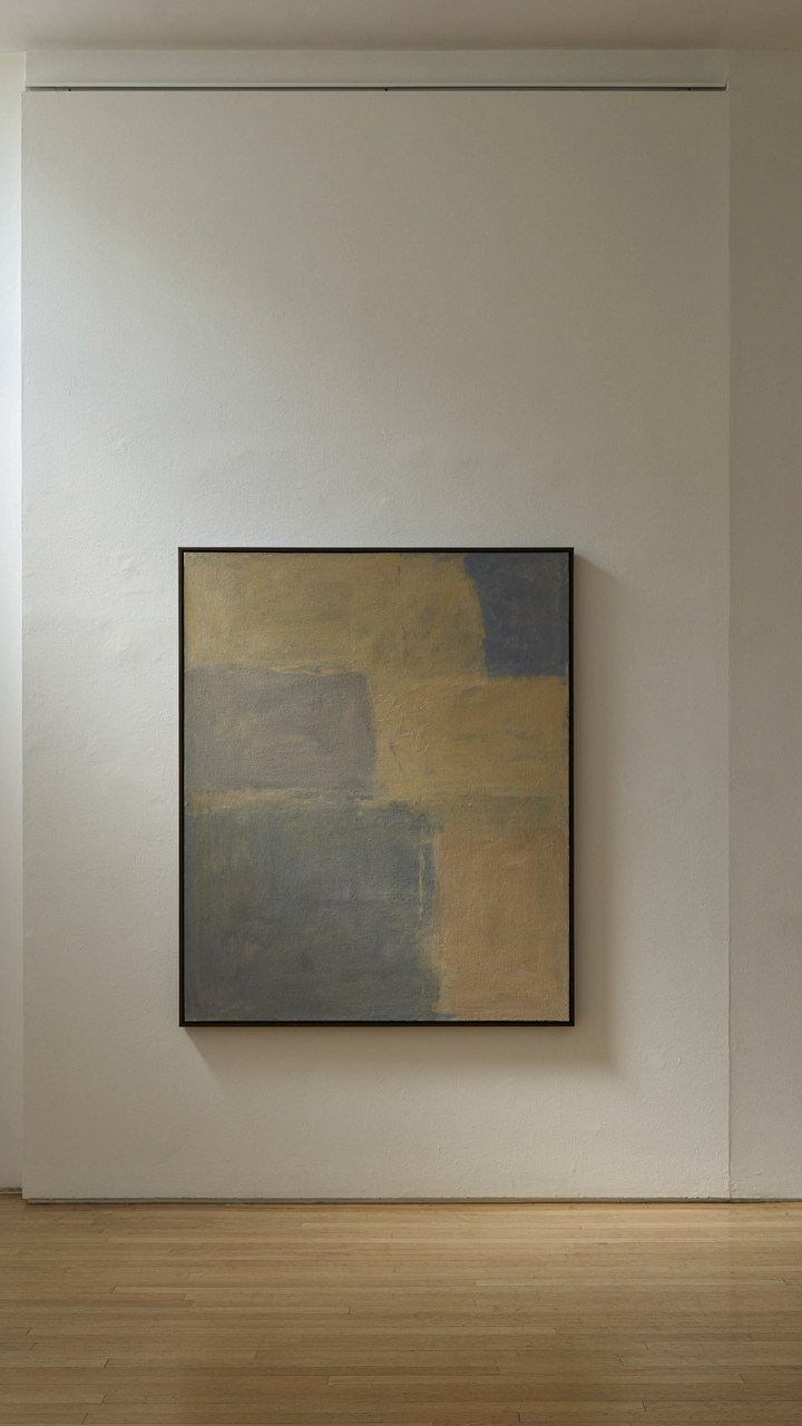 A single, striking painting on a clean, white wall in an art gallery.