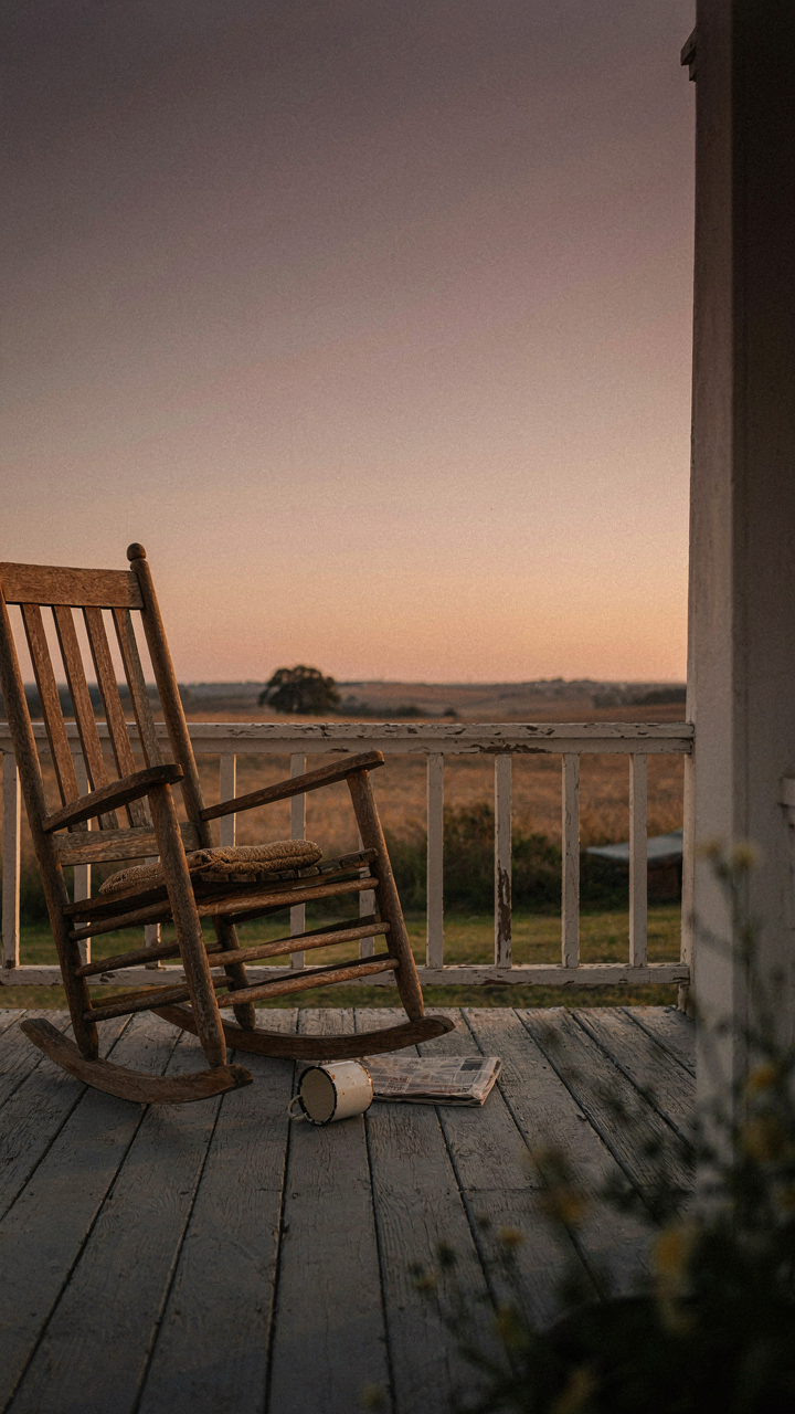 An empty wooden rocking chair on a peaceful country porch at sunset.