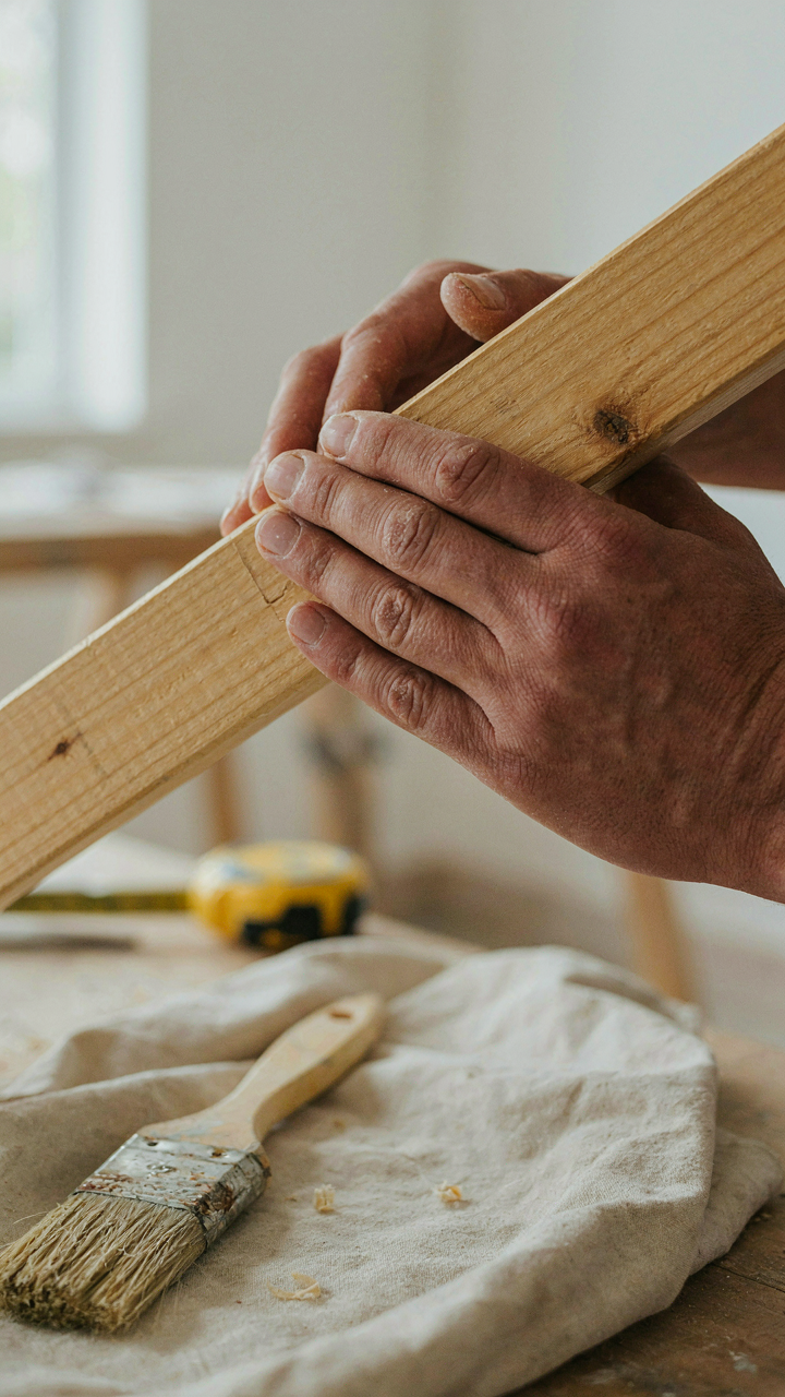 Hands inspecting a wooden beam, with a paintbrush nearby.