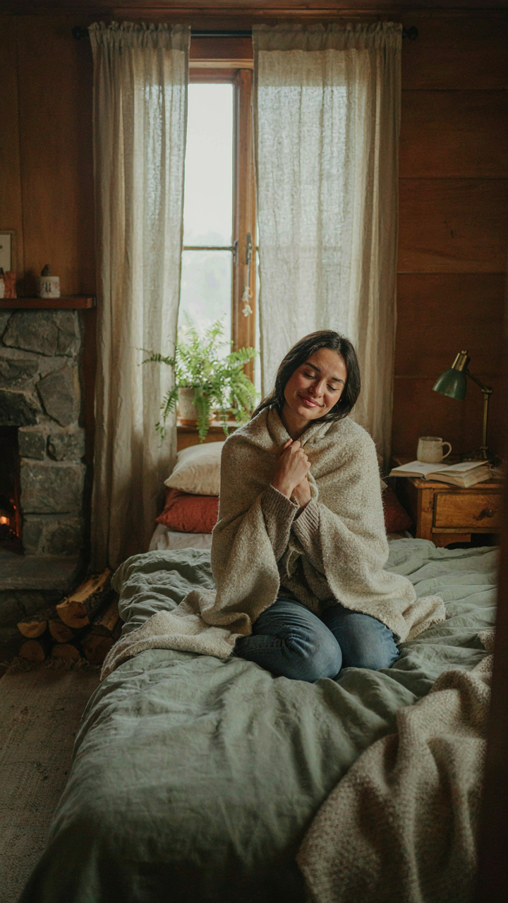 A person sits on a bed in a cozy cabin bedroom, wrapping a wool blanket around themselves.