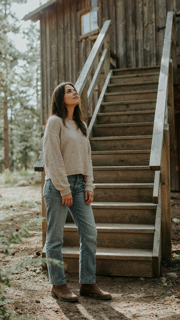 A person standing before a simple, unadorned cabin staircase.
