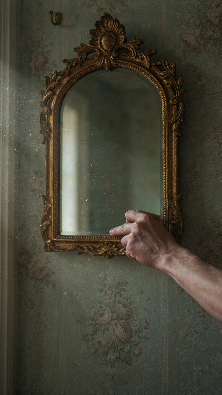 A hand removes an ornate Victorian mirror from a wall.