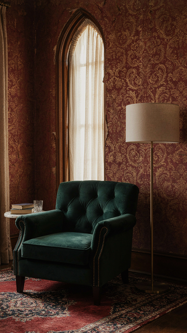 A modern lamp next to a velvet armchair with damask wallpaper.