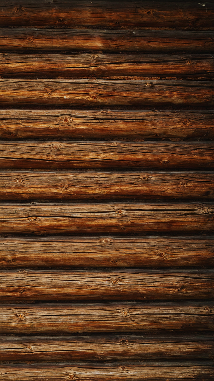 A plain log cabin wall with visible wood grain, emphasizing empty space.