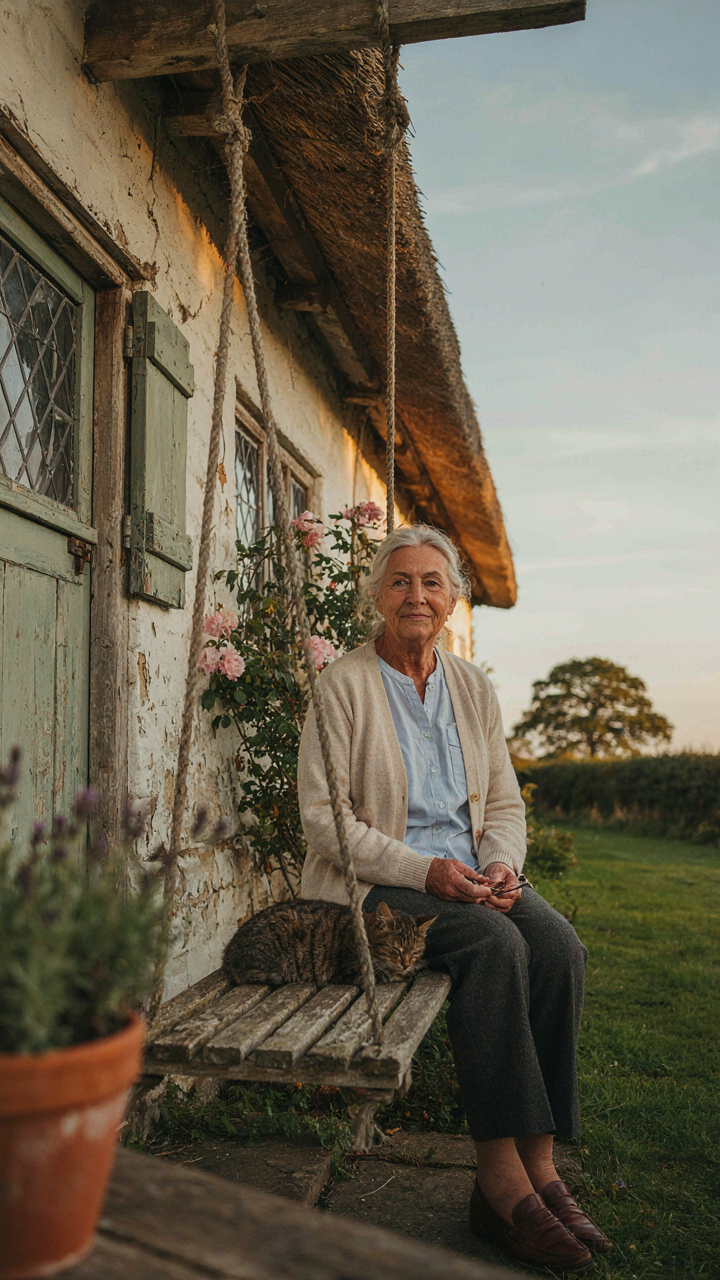 An elderly person sitting on a porch swing of a weathered thatched roof cottage.